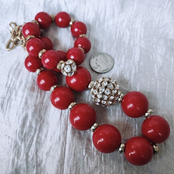 Stephan & Co Lipstick Red Acrylic Round Bead Bracelet and Necklace Rhinestones - Picture 5 of 10